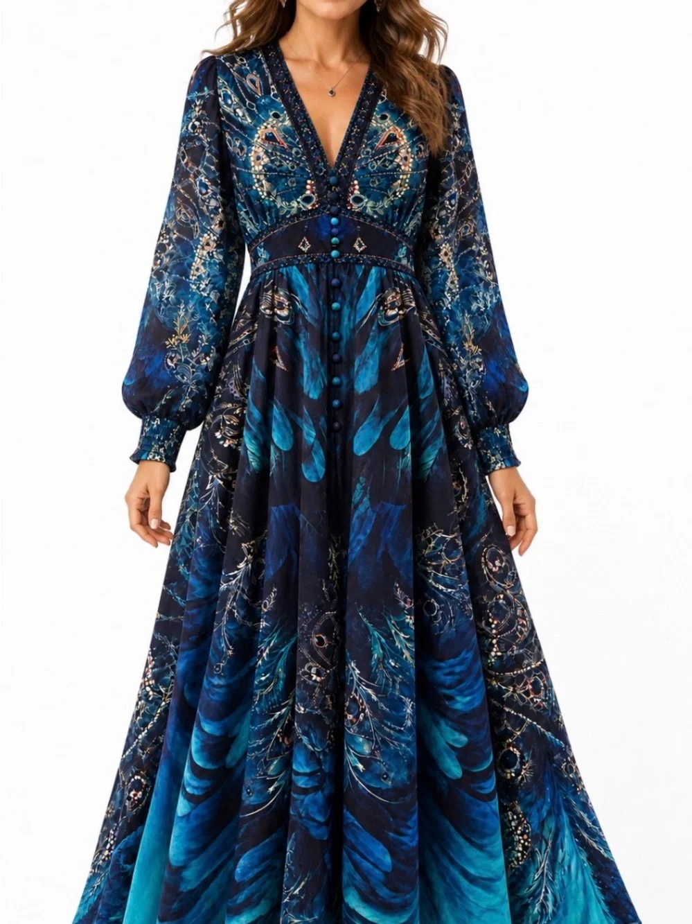 Vivid Blue Deep V Maxi Dress with full button front, semi sheer sleeves NWT LG